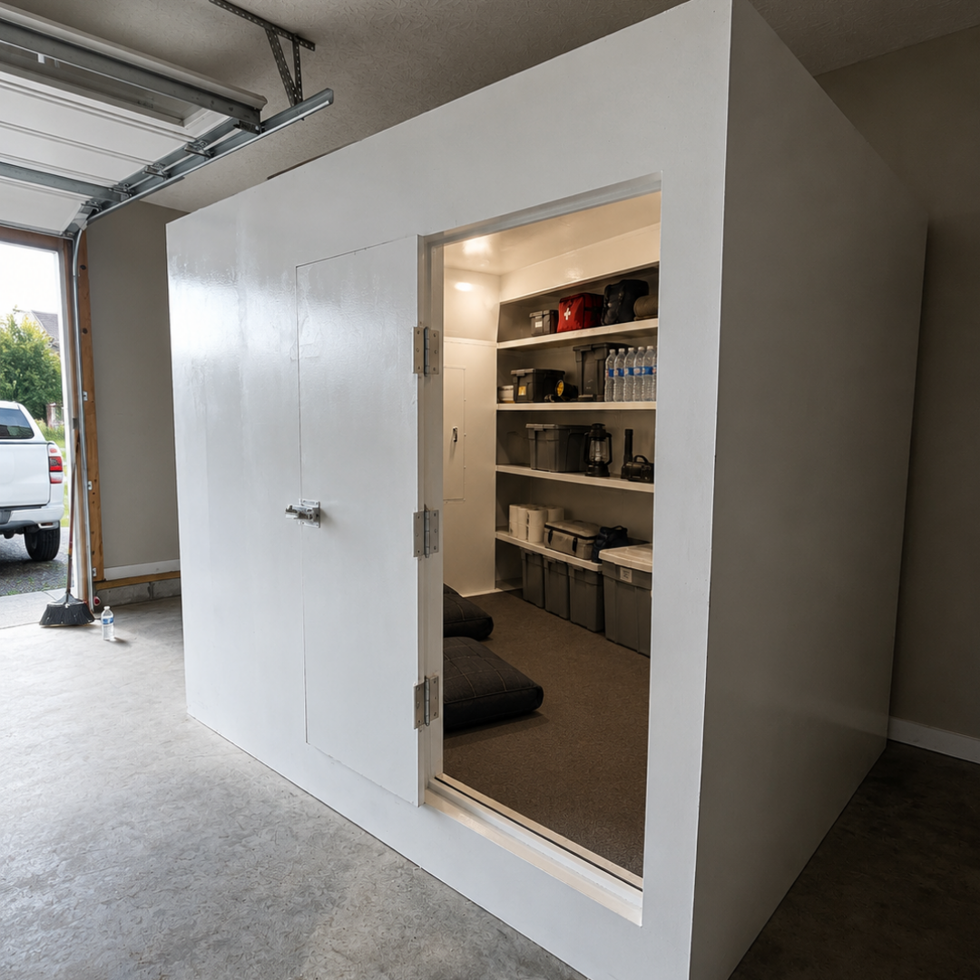 StormVault above-ground shelter installed in a residential garage, door open to reveal shelves stocked with water, a first aid kit, a lantern and supply bins