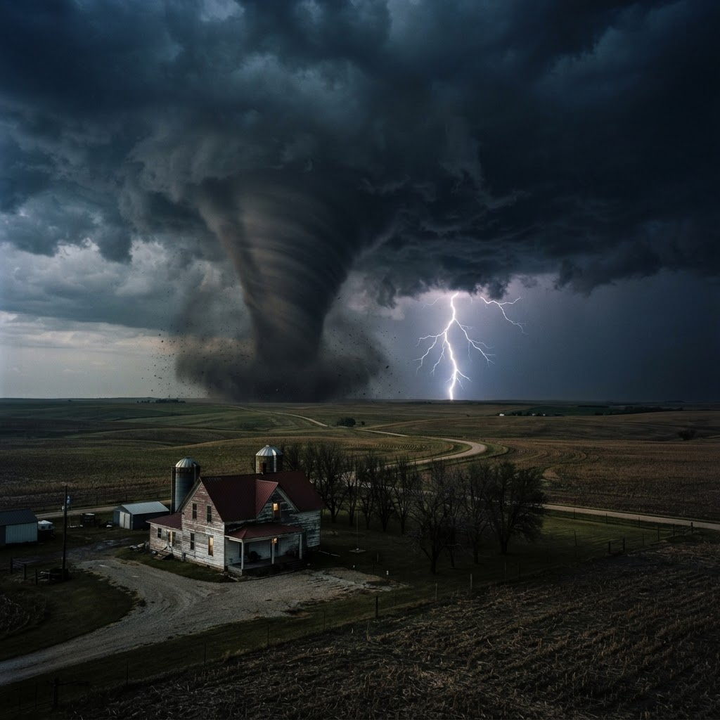A powerful tornado touching down over rural Midwest farmland